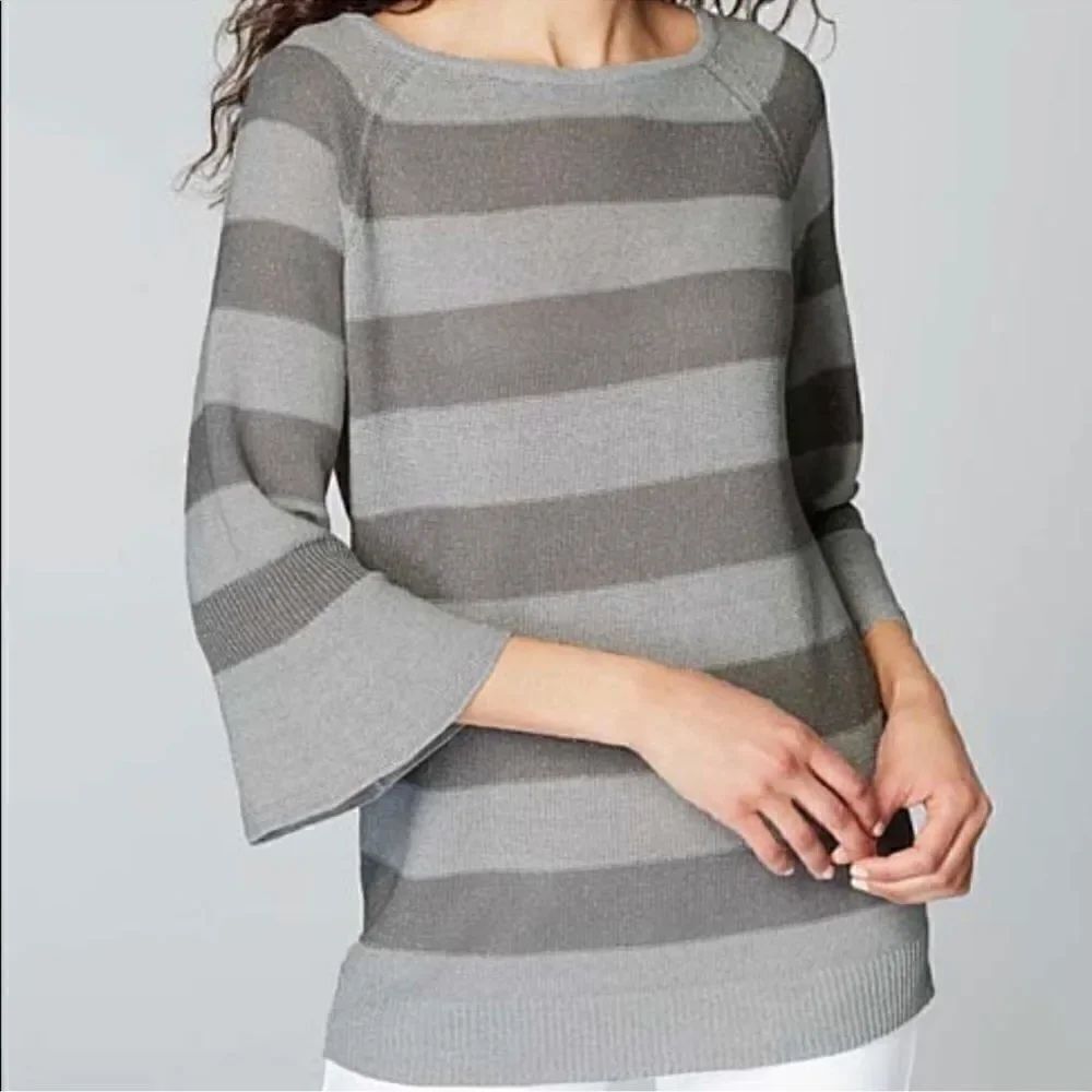 J. Jill Gray Zinc Smoke Metallic Colorblock Bell Sleeve Knit Sweater Size L